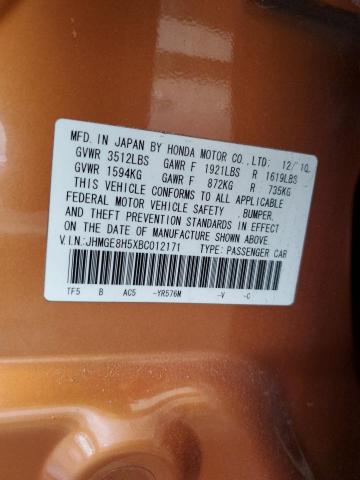 JHMGE8H5XBC012171 - 2011 HONDA FIT SPORT ORANGE photo 14