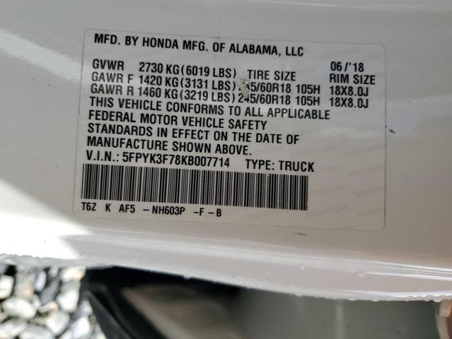 5FPYK3F78KB007714 - 2019 HONDA RIDGELINE RTL Білий фото 12