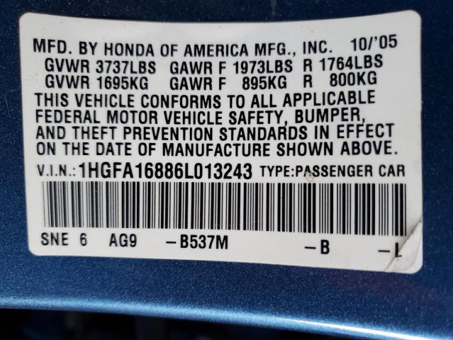 1HGFA16886L013243 - 2006 HONDA CIVIC EX BLUE photo 12