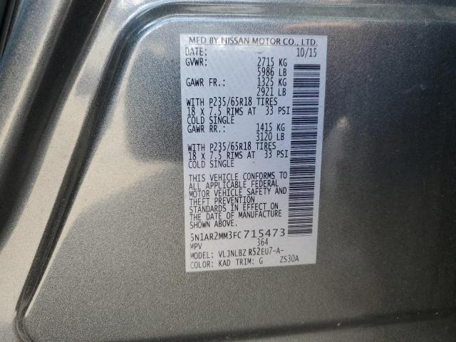 5N1AR2MM3FC715473 - 2015 NISSAN PATHFINDER S GRAY photo 13