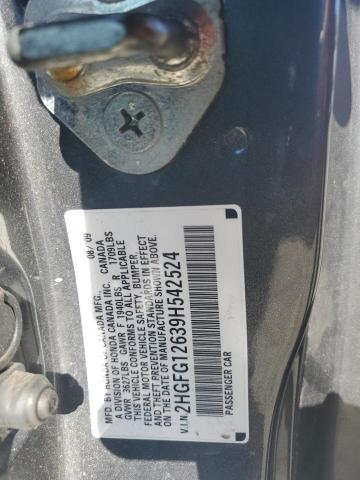 2HGFG12639H542524 - 2009 HONDA CIVIC LX GRAY photo 12