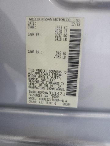 1N4BL4EV0KN311421 - 2019 NISSAN ALTIMA SL 银色 照片 12