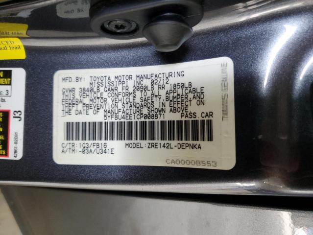 5YFBU4EE1CP008871 - 2012 TOYOTA COROLLA BASE Серый фото 12