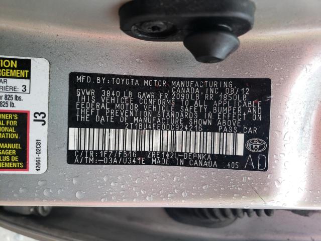 2T1BU4EE0DC924216 - 2013 TOYOTA COROLLA BASE Argent photo 12