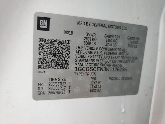 1GCGSCEN3K1126235 - 2019 CHEVROLET COLORADO LT WHITE photo 12