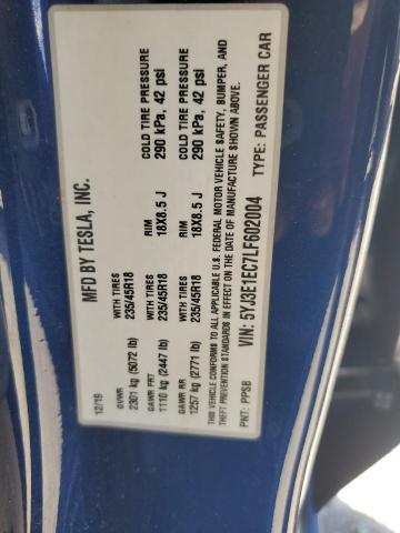 5YJ3E1EC7LF602004 - 2020 TESLA MODEL 3 أزرق صورة 12