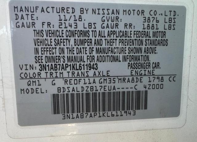 3N1AB7APLKL611943 - 2019 NISSAN SENTRA S Ақ фото 10