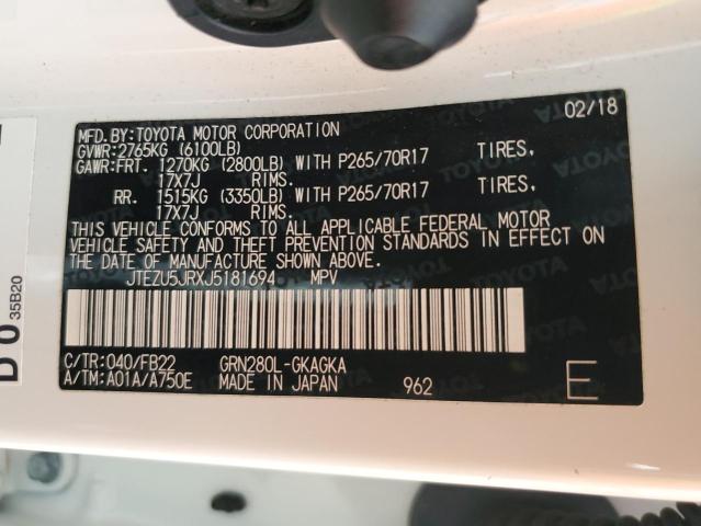 JTEZU5JRXJ5181694 - 2018 TOYOTA 4RUNNER SR5 WHITE photo 13