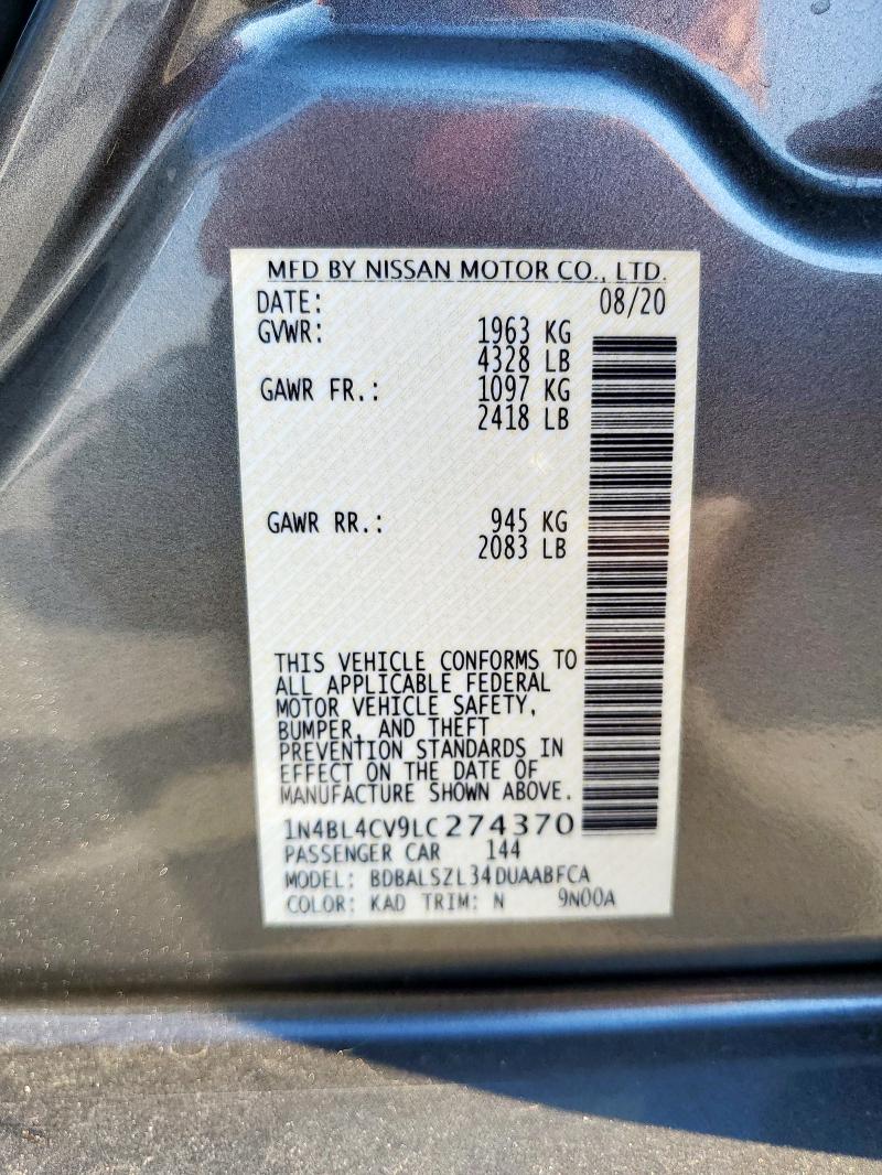 1N4BL4CV9LC274370 - 2020 NISSAN ALTIMA SR GRAY photo 12