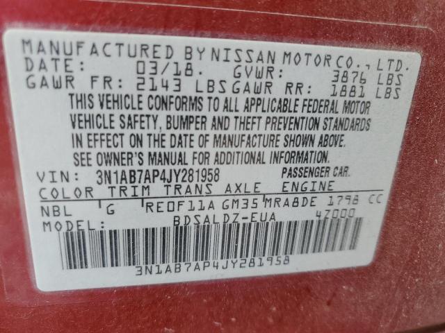 3N1AB7AP4JY281958 - 2018 NISSAN SENTRA S Қызыл фото 12