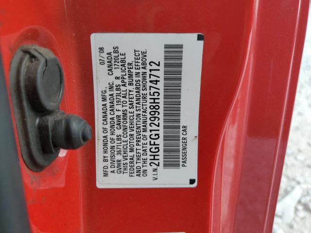 2HGFG12998H574712 - 2008 HONDA CIVIC EXL Qırmızı foto 12