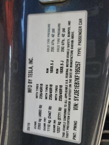 5YJ3E1EB7KF195257 - 2019 TESLA MODEL 3 Серый фото 13