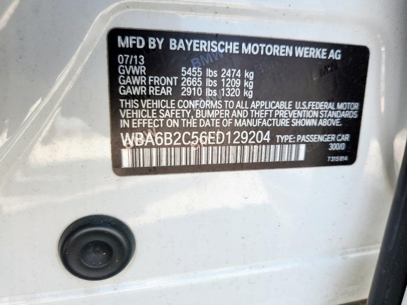 WBA6B2C56ED129204 - 2014 BMW 650 I GRAN COUPE WHITE photo 12