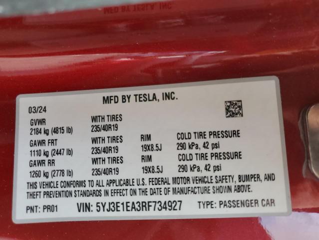 5YJ3E1EA3RF734927 - 2024 TESLA MODEL 3 Rojo foto 12