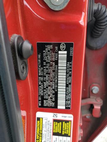 4T1B11HK5KU233946 - 2019 TOYOTA CAMRY L 红色 照片 12