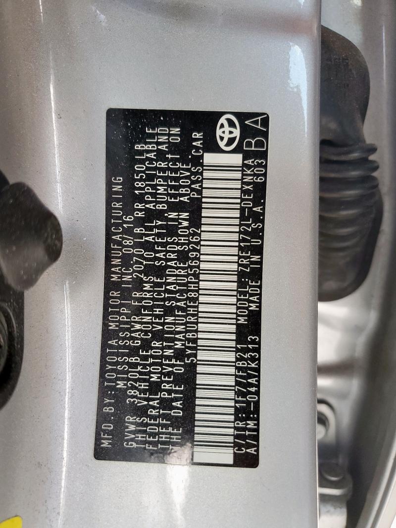 5YFBURHE8HP569262 - 2017 TOYOTA COROLLA L SILVER photo 12