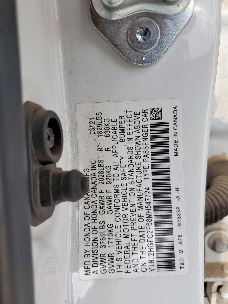 2HGFC2F68MH547724 - 2021 HONDA CIVIC LX თეთრი ფოტო 12