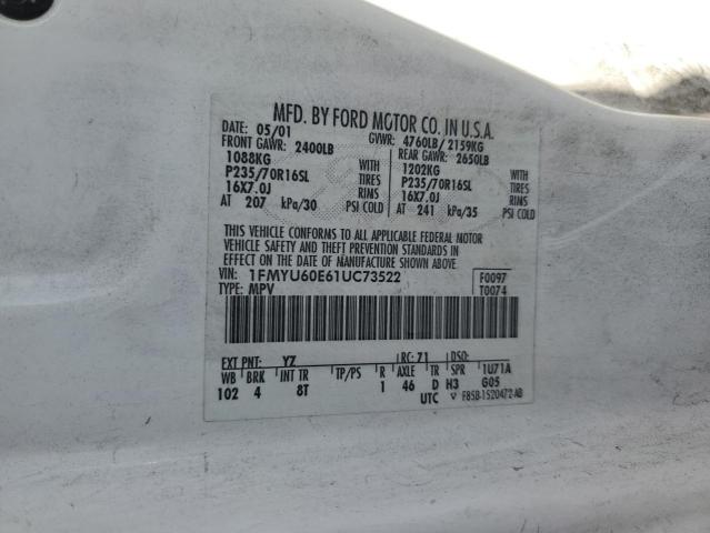 1FMYU60E61UC73522 - 2001 FORD EXPLORER SPORT თეთრი ფოტო 12