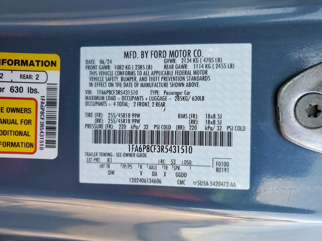 1FA6P8CF3R5431510 - 2024 FORD MUSTANG GT 蓝色 照片 12