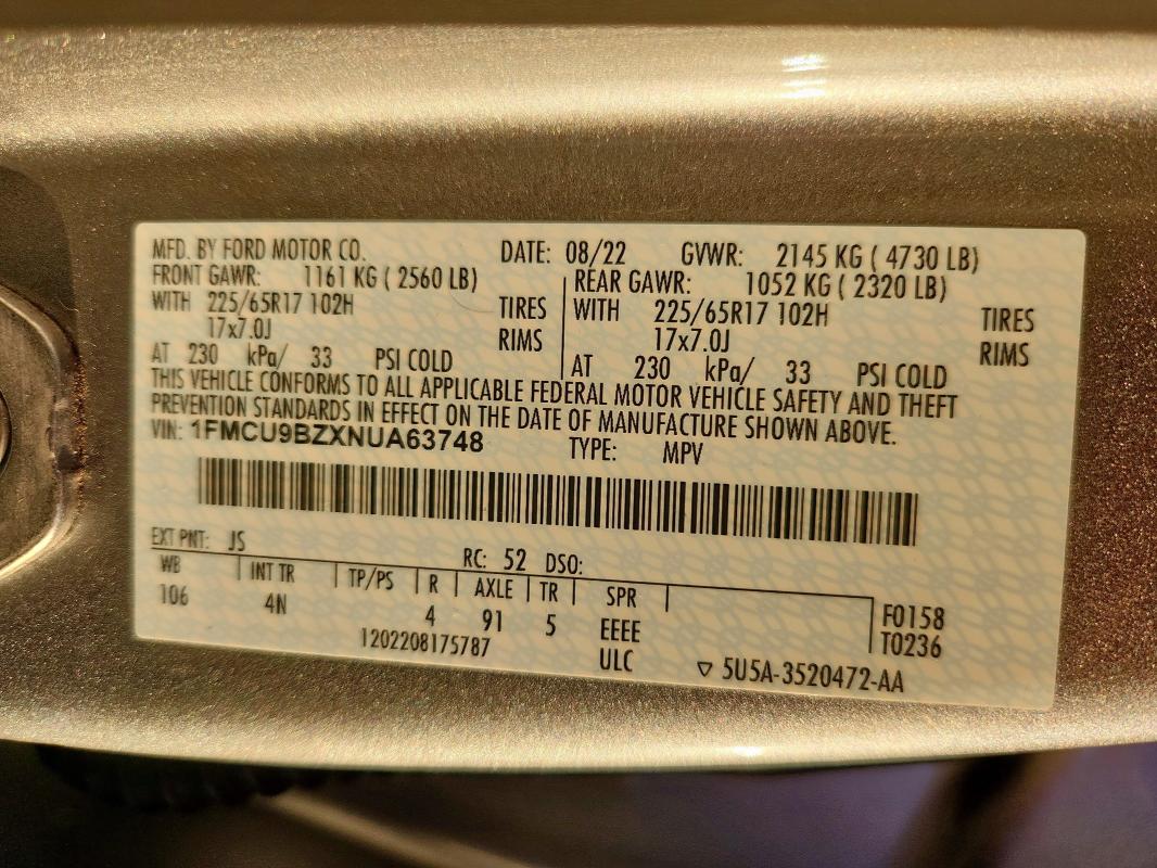 1FMCU9BZXNUA63748 - 2022 FORD ESCAPE SE 银色 照片 13