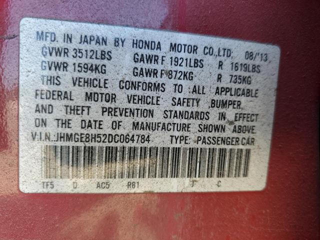 JHMGE8H52DC064784 - 2013 HONDA FIT SPORT 红色 照片 12