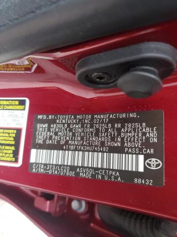 4T1BF1FK3HU745492 - 2017 TOYOTA CAMRY LE 勃艮第红 照片 12