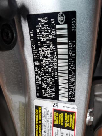 4T1B11HK6KU244373 - 2019 TOYOTA CAMRY L SILVER photo 12