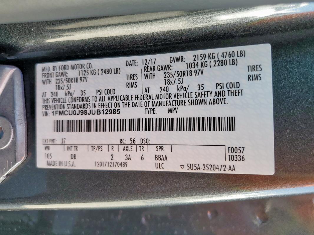 1FMCU0J98JUB12985 - 2018 FORD ESCAPE TITANIUM ნაცრისფერი ფოტო 13