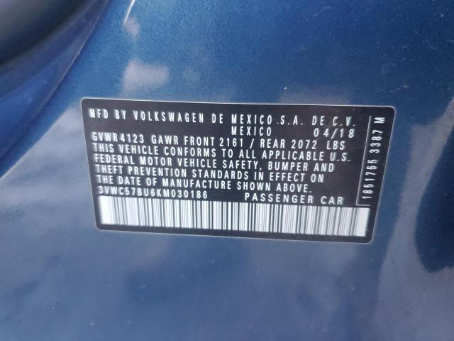 3VWC57BU6KM030186 - 2019 VOLKSWAGEN JETTA S 蓝色 照片 12