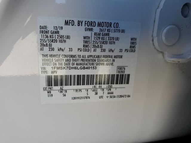 1FMSK7DH6LGB40153 - 2020 FORD EXPLORER XLT Ақ фото 13