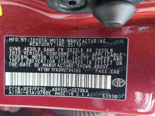 4T1BF1FK0HU794200 - 2017 TOYOTA CAMRY LE 勃艮第红 照片 12