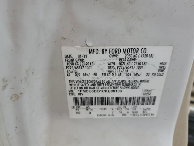 1FMCU0DG1CKB88136 - 2012 FORD ESCAPE XLT 白色 照片 13