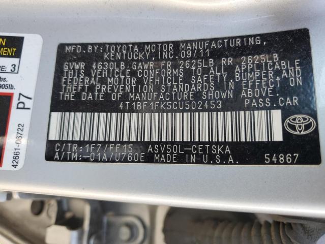 4T1BF1FK5CU502453 - 2012 TOYOTA CAMRY BASE ვერცხლისფერი ფოტო 12