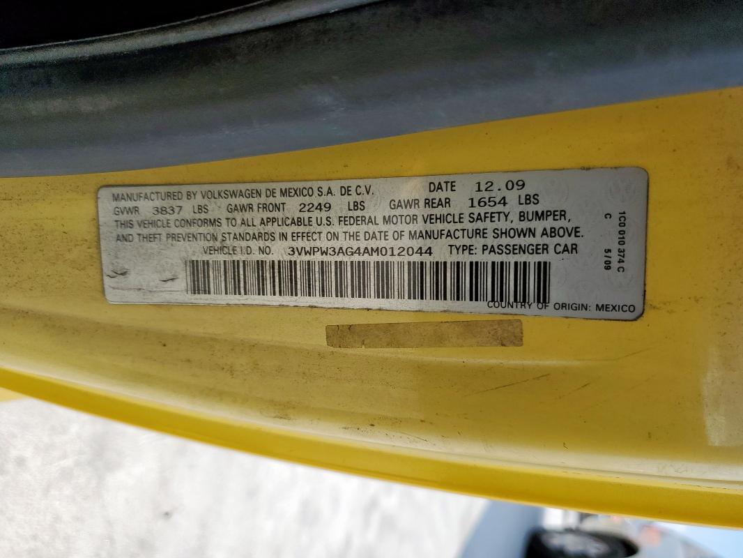 3VWPW3AG4AM012044 - 2010 VOLKSWAGEN NEW BEETLE ყვითელი ფოტო 12