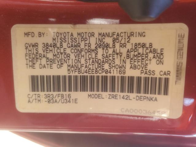 5YFBU4EE8CP041169 - 2012 TOYOTA COROLLA BASE RED photo 13