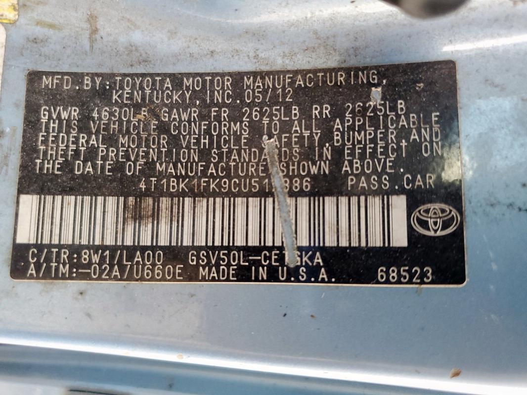 4T1BK1FK9CU517386 - 2012 TOYOTA CAMRY SE 蓝色 照片 12