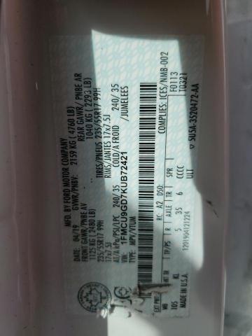 1FMCU9GD7KUB72421 - 2019 FORD ESCAPE SE 白色 照片 13