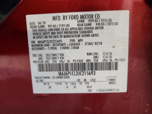 MAJ6P1CL2JC215693 - 2018 FORD ECOSPORT SES Темно-червоний фото 13