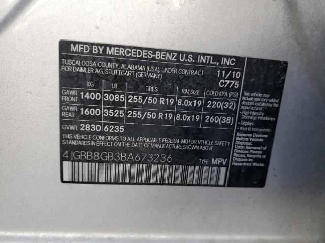 4JGBB8GB3BA673236 - 2011 MERCEDES-BENZ ML 350 4MATIC SILVER photo 13