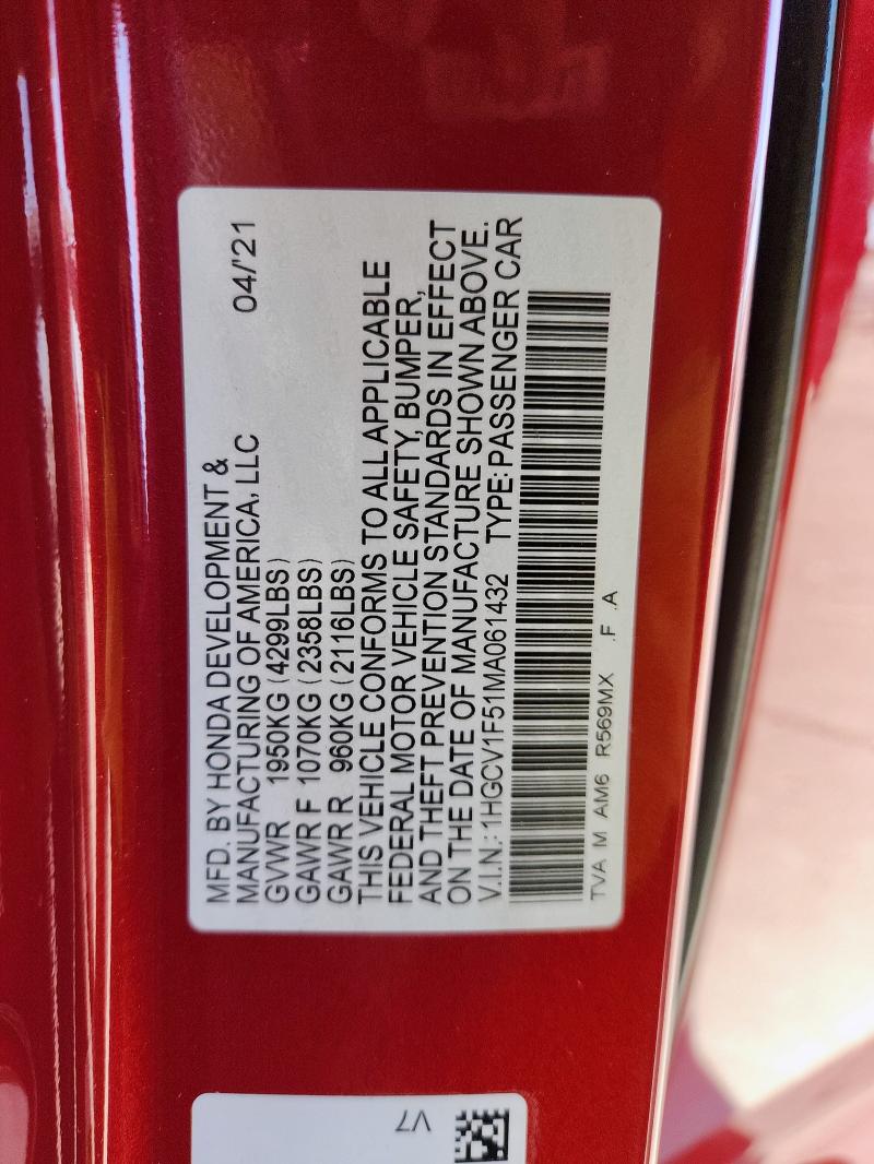 1HGCV1F51MA061432 - 2021 HONDA ACCORD EXL RED photo 12