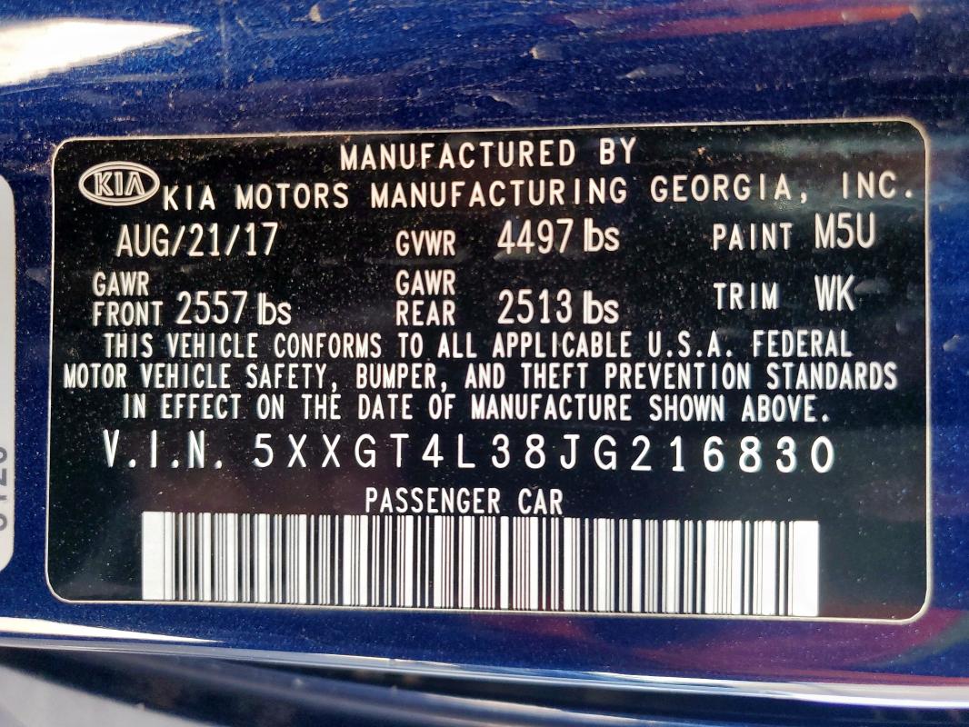 5XXGT4L38JG216830 - 2018 KIA OPTIMA LX 蓝色 照片 12