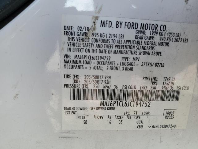 MAJ6P1CL6JC194752 - 2018 FORD ECOSPORT SES WHITE photo 13