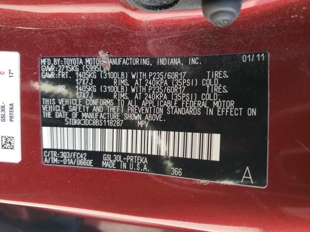5TDKK3DC8BS118287 - 2011 TOYOTA SIENNA LE 勃艮第红 照片 13