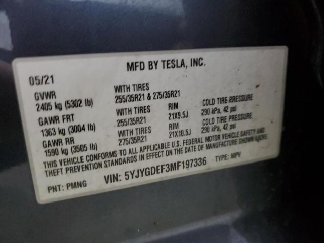 5YJYGDEF3MF197336 - 2021 TESLA MODEL Y GRAY photo 12