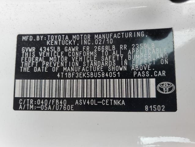 4T1BF3EK5BU584051 - 2011 TOYOTA CAMRY BASE 白色 照片 12