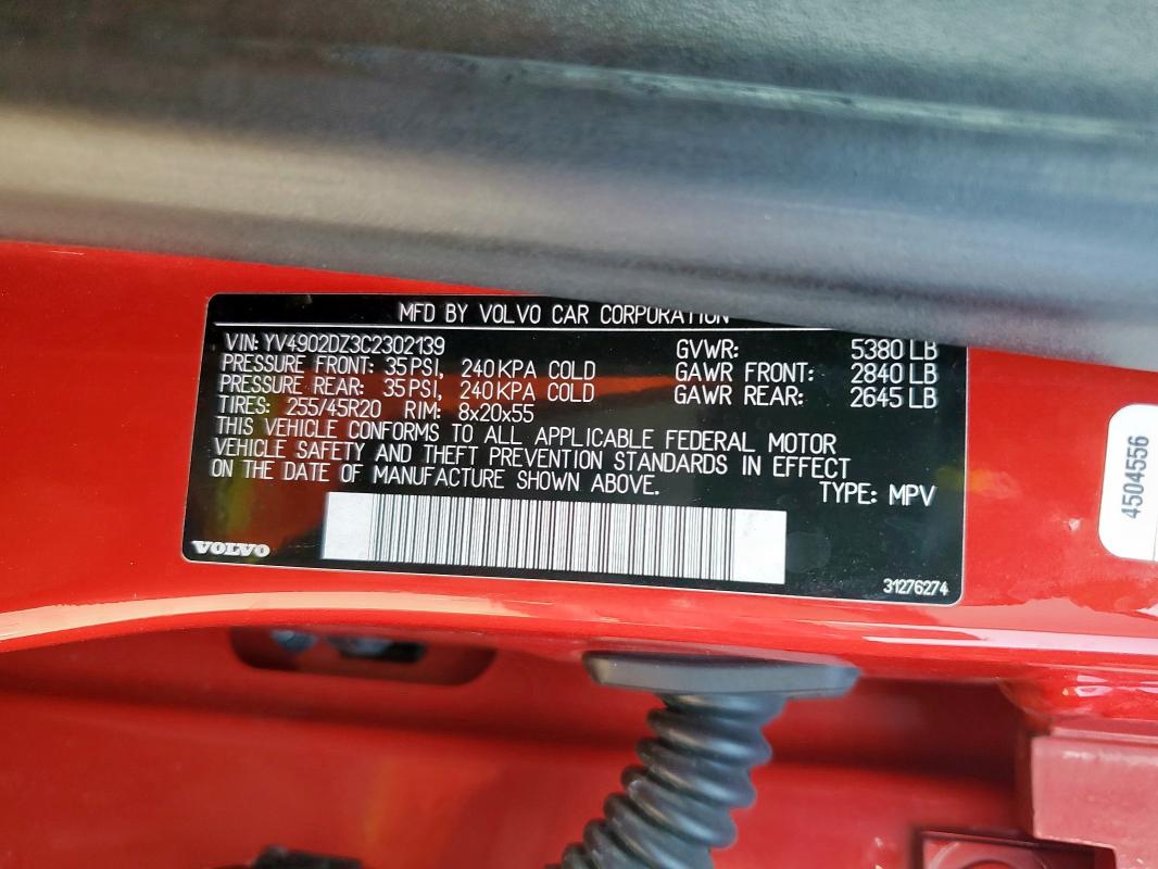 YV4902DZ3C2302139 - 2012 VOLV XC60 T6 RED photo 13