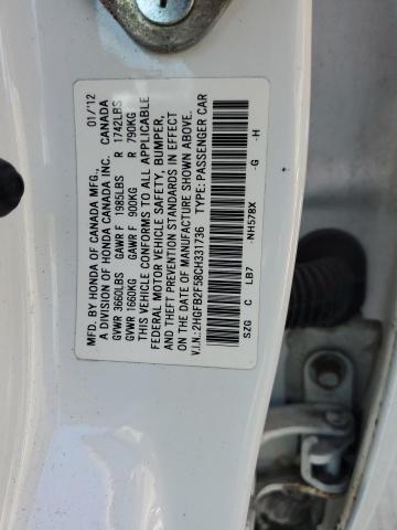 2HGFB2F58CH331736 - 2012 HONDA CIVIC LX WHITE photo 13