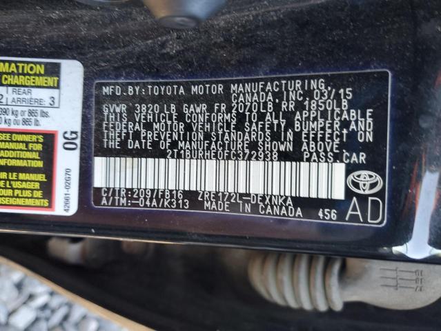 2T1BURHE0FC372938 - 2015 TOYOTA COROLLA L BLACK photo 12