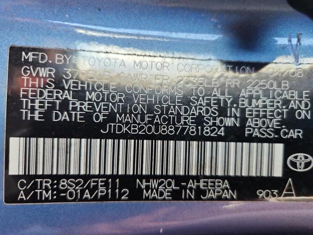JTDKB20U887781824 - 2008 TOYOTA PRIUS BLUE photo 12