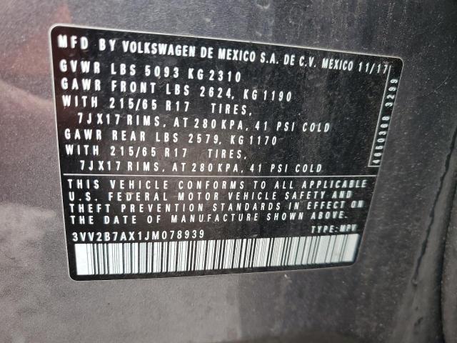 3VV2B7AX1JM078939 - 2018 VOLKSWAGEN TIGUAN SE 灰色 照片 13
